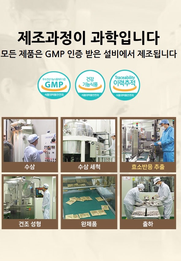 제조과정이 과학입니다 GMP 인증 건강기능식품 이력추적 수삼 수삼세척 효소반응 추출 건조성형 완제품 출하