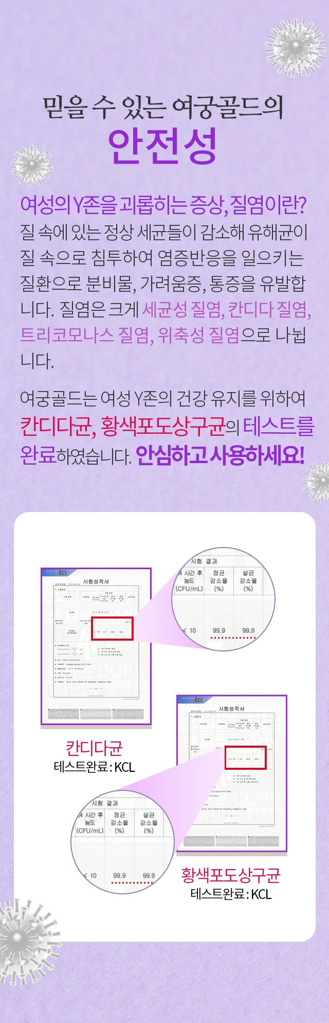 믿을 수 있는 여궁골드의 안전성 칸디다균 황색포도상구균 테스트 완료 KCL 여궁골드는 여성 Y존의 건강 유지를 위하여 칸디다균 황색포도상구균의 테스트를 완료하였습니다 안심하고 사용하세요