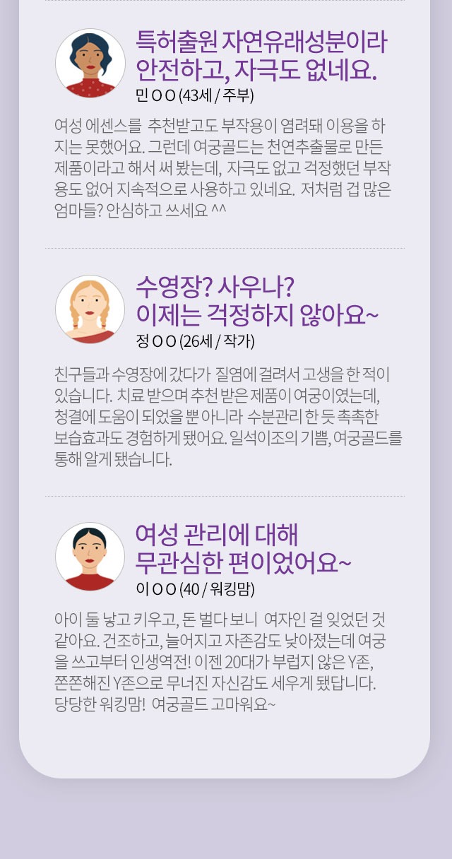 특허출원 자연유래성분이라 안전하고 자극도 없네요 민OO 43세 주부 수영장 사우나 이제는 걱정하지 않아요 정OO 26세 작가 여성 관리에 대해 무관심한 편이었어요 이OO 40 워킹맘 여궁골드 후기